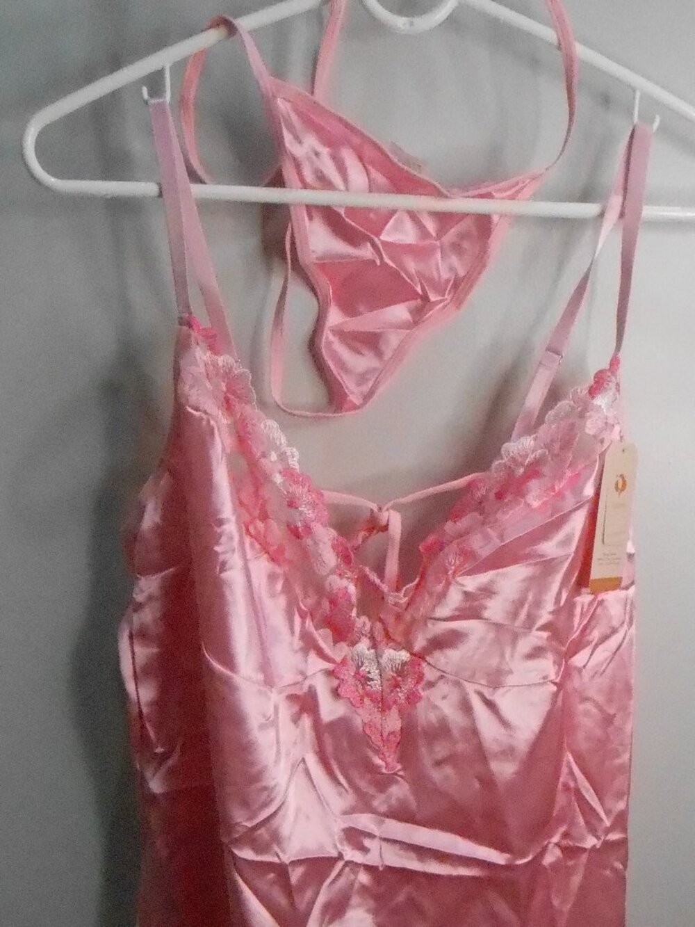 Pink Embroidered Flowers Lace Baby Doll Top & Thong Bottoms Lingerie Set-XXL